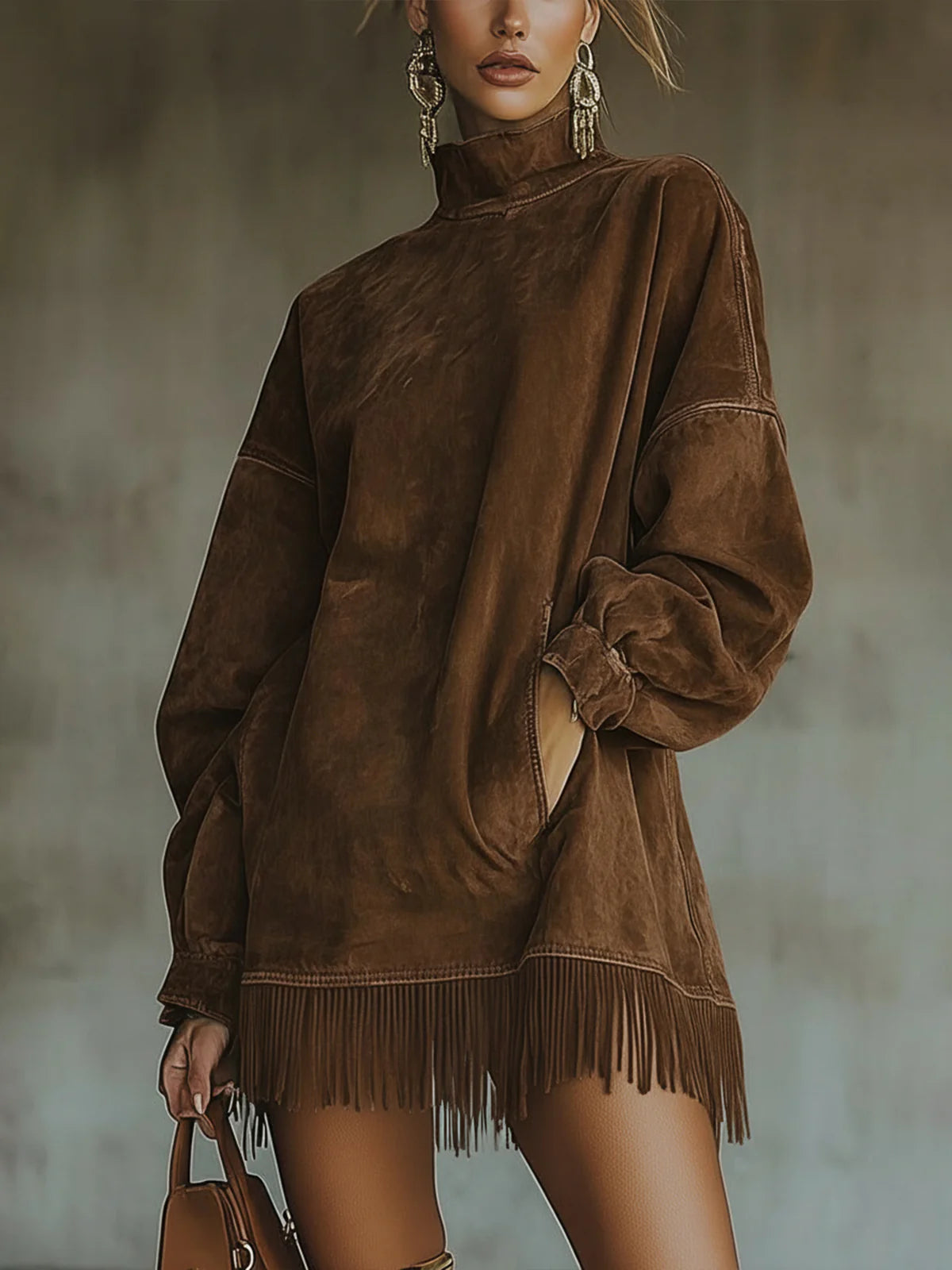 Amalia · Vestido con cuello alto y flecos