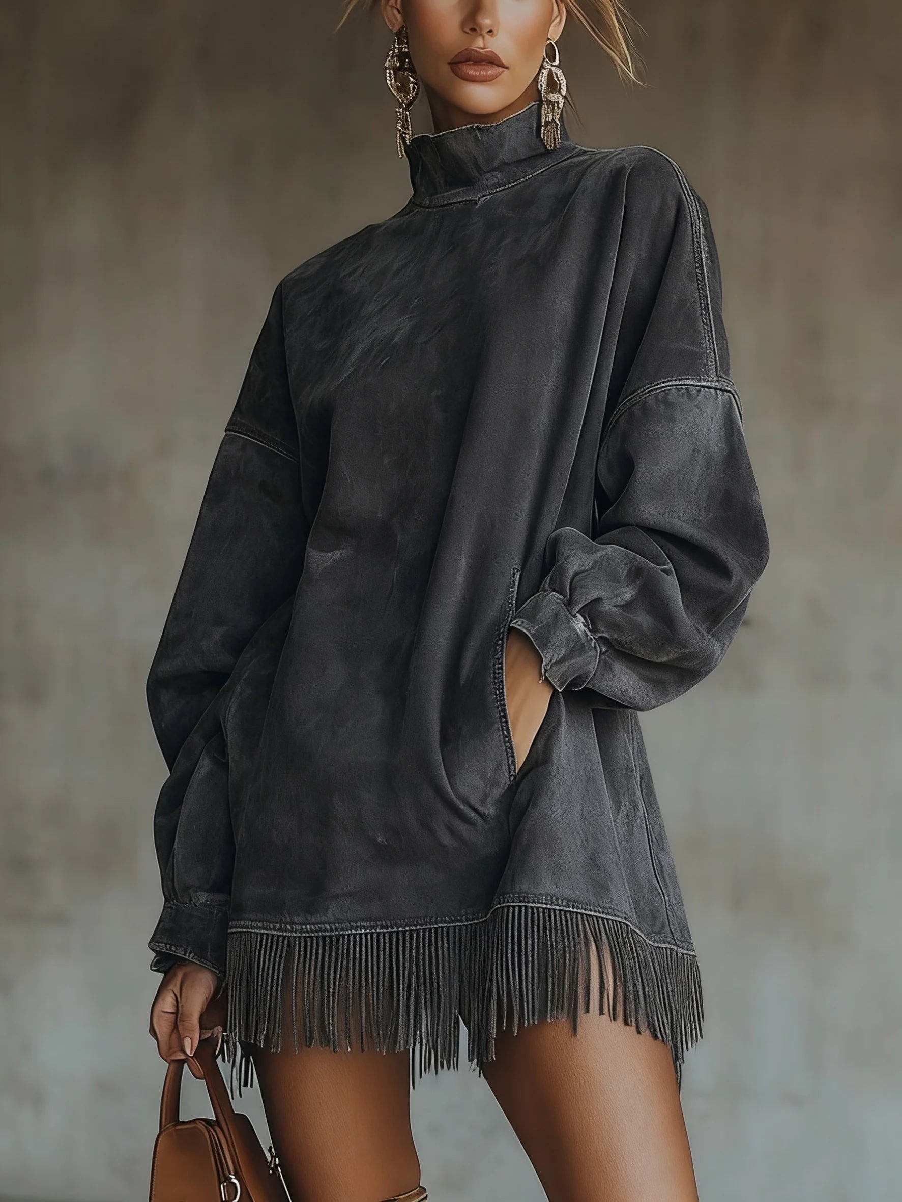 Amalia · Vestido con cuello alto y flecos