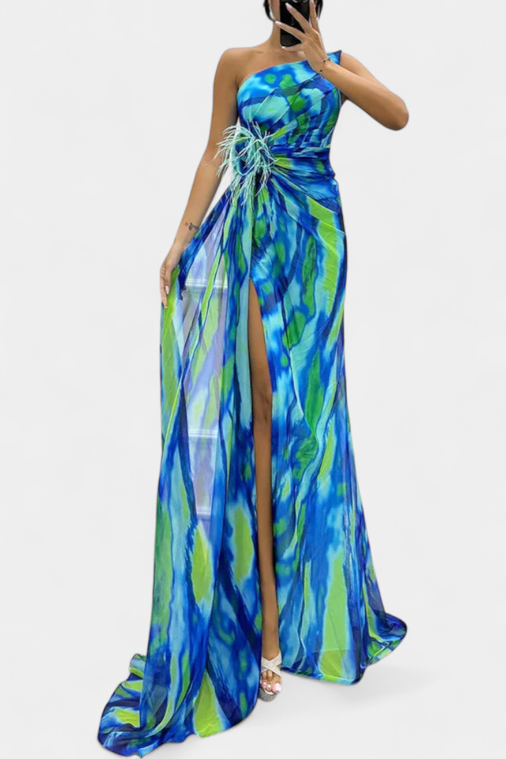 Aylin | Vestido Maxi Asimétrico con Estampado Vibrante